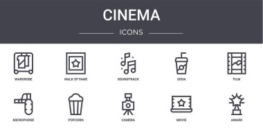 Sinema konsept çizgisi simgeleri. Web, logo, ui / ux, Şöhret Yürüyüşü, soda, mikrofon, kamera, film, ödül, film, soundtrack gibi simgeler içerir