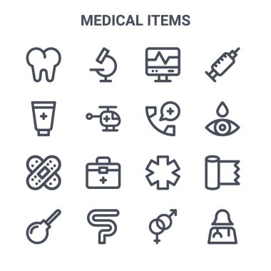 16 tıbbi öğe konsept vektör çizgisi simgesi. Mikroskop, krem, göz damlası, sağlık görevlisi, bağırsak, kadın doktor, cinsiyet, aşı gibi 64x64 ince vuruş simgeleri