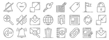 kullanıcı arayüzü satır simgeleri. Doğrusal küme. E- posta, link, bin, önceki, yenile, e-posta, kilit, veritabanı, kalp gibi kalite vektör dizisi