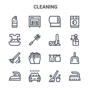 16 temizlik konsepti vektör çizgisi simgesi seti. 64x64 ince vuruş simgeleri bulaşık makinesi, yıkama, el yıkama, kurutma, araba yıkama, fırça, paspas, tekonoloji, çamaşır makinesi gibi.