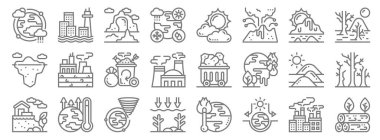 İklim değişikliği çizgisi simgeleri. Doğrusal küme. Ormanların yok olması, ev etkisi, okyanus, heyelan, çöl, çöp, kuraklık, güneş, deniz seviyesi gibi kalite vektör dizileri