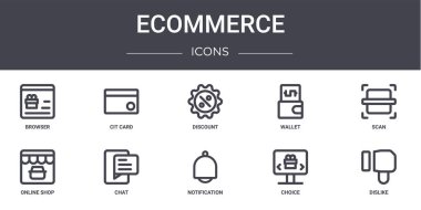 Ecommerce konsept çizgi simgeleri ayarlandı. Cit kart, cüzdan, çevrimiçi dükkan, bildirim, seçim, beğenmeme, tarama, indirim gibi web, logo, ui / ux gibi simgeler içerir