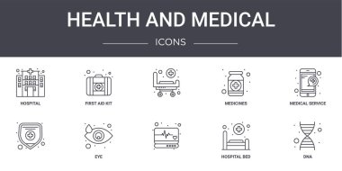 Sağlık ve tıbbi konsept çizgisi simgeleri ayarlandı. Web, logo, ui / ux, ilk yardım kiti, ilaçlar, hastane yatağı, DNA, tıbbi yardım çantası gibi simgeler içerir