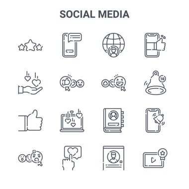 16 sosyal medya konsept vektör çizgisi simgesi. 64x64 Akıllı telefon, aşk, bildirim, iletişim listesi, aşk, video oynatıcı, profil, mutlu yüz, akıllı telefon gibi ince vuruş simgeleri