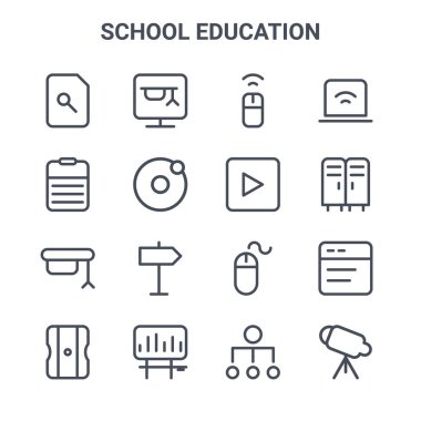 16 okul eğitimi konsepti vektör çizgisi simgesi. Çevrimiçi kurs, rapor, dolap, fare, istatistik, teleskop, hiyerarşi, video oynatıcı, defter gibi 64x64 ince vuruş simgeleri