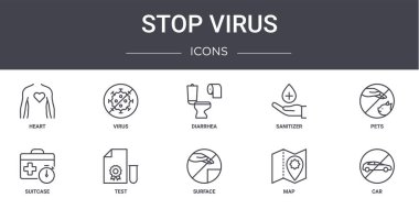 Virüs konsept çizgisi simgelerini durdur. Ağ, logo, virüs, dezenfektan, bavul, yüzey, harita, araba, evcil hayvan, ishal gibi simgeler içerir