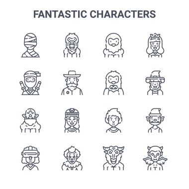 16 fantastik karakter konsept vektör çizgisi simgesi. 64x64 kocaayak, ninja, büyücü, itfaiyeci, palyaço, şeytan, minotor, yeti, prenses gibi ince vuruş simgeleri