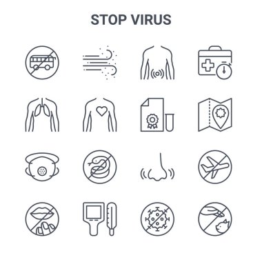 16 dur virüs konsepti vektör çizgisi simgesi seti. 64x64 İnce vuruş simgeleri, toz, insan akciğerleri, harita, burun, termal hayvanlar, virüs, test, bavul gibi