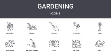 Bahçıvanlık konsepti simgeleri ayarlandı. Çim biçme makinesi, flamingo, mantar, çit, şelale, kaplumbağa, lamba, kürek gibi ağ, logo, ui / ux gibi simgeler içerir