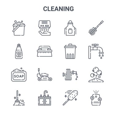 16 temizlik konsepti vektör çizgisi simgesi seti. 64x64 el kurutma makinesi, bulaşık deterjanı, musluk, su hortumu, lavabo, oda ferahlatıcı, toz, çöp, tuvalet fırçası gibi ince vuruş simgeleri