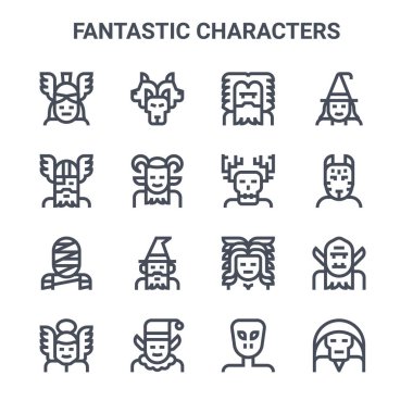 16 fantastik karakter konsept vektör çizgisi simgesi. 64x64 Cerberus, Odin, kitsune, medusa, elf, necromancer, alien, wendigo, witch gibi ince vuruş simgeleri
