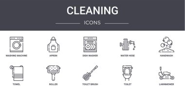 Temizlik konsepti simgeleri ayarlandı. Ağ, logo, önlük, su hortumu, havlu, tuvalet fırçası, tuvalet, çim biçme makinesi, el yıkama, bulaşık makinesi gibi simgeler içerir