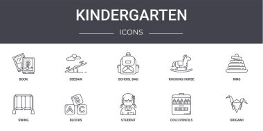 Anaokulu konsepti simgeleri ayarlandı. Web, logo, tahterevalli, sallanan at, salıncak, öğrenci, kolo kalem, origami, yüzük, okul çantası gibi simgeler içerir