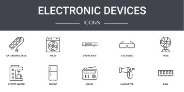 Elektronik aygıtlar konsept çizgi simgeleri ayarlandı. Web, logo, ui / ux, oda, d gözlüğü, kahve makinesi, radyo, saç kurutma makinesi, ram, fan, dvd oynatıcı gibi simgeler içerir
