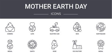 Toprak Ana Günü konsept çizgisi simgeleri ayarlandı. Web, logo, ui / ux, aşk, hasta, madalya, gül, eko fabrikası, madalya, deprem, elektrikli araba gibi simgeler içerir