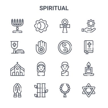 16 ruhani konsept vektör çizgisi simgesi. Güneş tutulması, şarap, İncil, Budist, bambu, Davut yıldızı, tespih, yin yang, güneş gibi 64x64 ince vuruş simgeleri