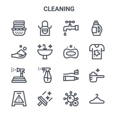 16 temizlik konsepti vektör çizgisi simgesi seti. 64x64 İnce vuruş simgeleri önlük, el yıkama, tişört, diş macunu, cam sileceği, elbise askısı, virüs, sabun, çamaşır deterjanı gibi