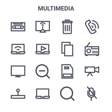 16 multimedya konsept vektör çizgisi simgesi. Bilgisayar monitörü, laptop, radyo, ram, laptop, sessize alma, arama, kopyalama, telefon gibi 64x64 ince vuruş simgeleri