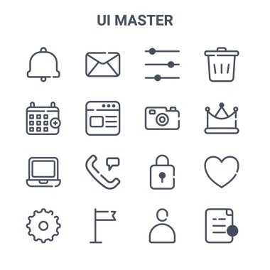 16 ui ana konsept vektör çizgi simgelerinden oluşan bir set. 64x64 E- posta, takvim, taç, kilit, bayrak, dosya ekle, avatar, kamera, sil