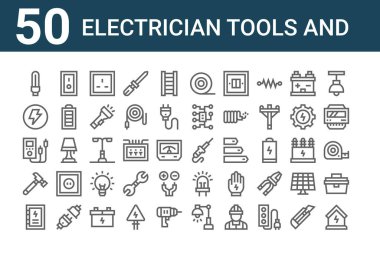 50 adet elektrikli alet ve simge seti. Elektrik, dağıtım panosu, çekiç, çoklu metre, elektrik, anahtar, lehimleme gibi ince çizgi simgeleri