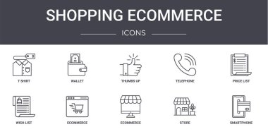 Alışveriş ekommerce konsept çizgisi simgeleri ayarlandı. Web, logo, cüzdan, telefon, dilek listesi, ecommerce, mağaza, akıllı telefon, fiyat listesi, başparmaklar gibi simgeler içerir