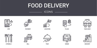 Yemek teslimatı konsept çizgisi simgeleri ayarlandı. Web, logo, ödeme, yer, çatal bıçak, tepsi, sipariş, market, paket, konum gibi simgeler içerir