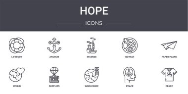 Umut çizgisi simgeleri ayarlandı. Web, logo, ui / ux gibi savaş yok, dünya çapında barış, barış, kağıt uçak, tütsü gibi simgeler içerir
