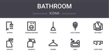 Banyo konsepti simgeleri ayarlandı. Ağ, logo, çamaşır makinesi, tuvalet fırçası, sprey, askı, sabun, kumaş kancası, bornoz, pompa gibi simgeler içerir