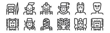 12 set doğrusal fantastik karakter simgesi. Yeti, kraken, kovboy, kitsune, robot, ağ için dahi, mobil gibi ince taslak simgeleri