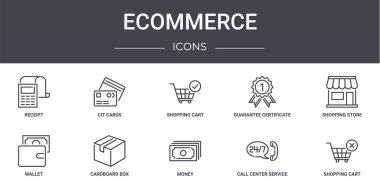 Ecommerce konsept çizgi simgeleri ayarlandı. Web, logo, Cit kartları, garanti sertifikası, cüzdan, para, çağrı merkezi servisi, alışveriş arabası, alışveriş merkezi, alışveriş mağazası gibi simgeler içerir