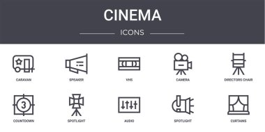 Sinema konsept çizgisi simgeleri. Web, logo, hoparlör, kamera, geri sayım, ses, spot ışığı, perde, yönetmen koltuğu, vhs gibi simgeler içerir