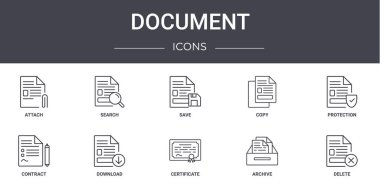 belge konsepti simgeleri ayarlandı. Web, logo, ui / ux, arama, kopyalama, sözleşme, sertifika, arşiv, silme, koruma, kaydetme gibi simgeler içerir