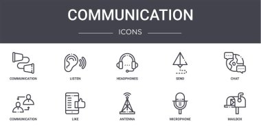 İletişim konsepti simgeleri ayarlandı. Web, logo, ui / ux, dinleme, gönderme, iletişim, anten, mikrofon, posta kutusu, sohbet, kulaklık gibi simgeler içerir