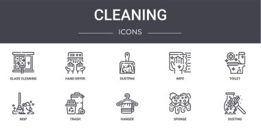Temizlik konsepti simgeleri ayarlandı. Web, logo, el kurutma, silme, paspas, askı, sünger, toz alma, tuvalet, faraş gibi simgeler içerir