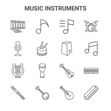 16 müzik enstrümanı konsept vektör çizgisi simgesi seti. 64x64 Müzik notaları, mikrofon, müzik notaları, ukelele, banjo, mızıka, mandolin, cajon, davul gibi ince vuruş simgeleri