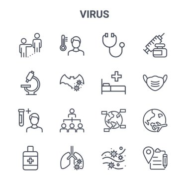 16 virüs konsept vektör çizgisi simgesi. 64x64 Ateş, araştırma, maske, dünya, akciğer, belge, koronavirüs, tedavi, enjeksiyon gibi ince vuruş simgeleri