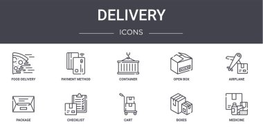 Dağıtım konsepti simgeleri ayarlandı. Web, logo, ödeme yöntemi, açık kutu, paket, el arabası, ilaç, uçak, konteynır gibi simgeler içerir