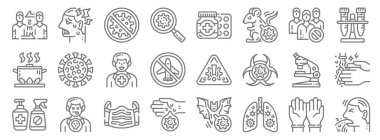 Virüs iletim hattı simgeleri. Doğrusal küme. Kusmuk, enfekte olmuş akciğerler, eller, alkol jeli, mikroskop, geri dönüşüm, test tüpleri, ilaç, baş ağrısı gibi kalite vektör dizileri