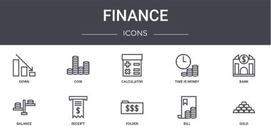 Finans konsepti simgeleri ayarlandı. Web, logo, ui / ux gibi para, zaman, denge, dizin, fatura, altın, banka, hesap makinesi gibi simgeler içerir