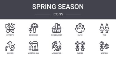 Bahar mevsimi konsept çizgisi simgeleri. Mantar, kapak, tavuk, çim biçme makinesi, çiçek, uğur böceği, ağaç, piknik sepeti gibi ağ, logo, ui / ux gibi simgeler içerir