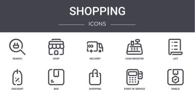 Alışveriş konsepti simgeleri ayarlandı. Web, logo, ui / ux, dükkan, yazar kasa, indirim, alışveriş, hizmet noktası, kalkan, liste, dağıtım gibi simgeler içerir