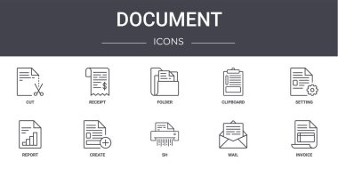 belge konsepti simgeleri ayarlandı. Web, logo, fiş, pano, rapor, sh, posta, fatura, ayar, dizin gibi kullanılabilir simgeler içerir