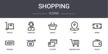 Alışveriş konsepti simgeleri ayarlandı. Web, logo, operatör, harita, fiş, cit kartı, alışveriş arabası, cüzdan, para, sepet gibi simgeler içerir