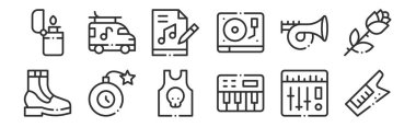 Keytar, piyano klavyesi, bomba, trompet, müzik dosyaları, web için minibüs, mobil gibi 12 adet ince taslak simge seti