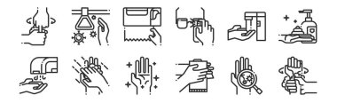 Yıkama, el, el, çamaşır, mendil yıkama, ağ için virüs bulaşması gibi 12 adet ince taslak simgesi.