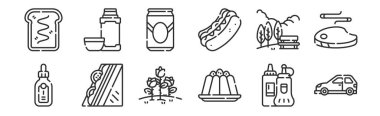 Araba, puding, sandviç, park, bira kutusu, internet için sıcak içecek, mobil gibi 12 adet ince taslak simge