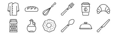 Masa bıçağı, kaşık, zeytinyağı, kahve fincanı, çırpı, ağ için ekmek, cep telefonu gibi 12 adet ince çizgi simgesi
