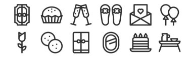 Yatak, ayna, kurabiye, mektup, tezahürat, ağ için bonbon, mobil gibi 12 adet ince taslak simgesi