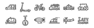 Tren, metro, tek tekerlekli bisiklet, taksi, bisiklet, internet için scooter, cep telefonu gibi 12 adet ince taslak simgesi