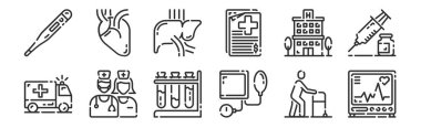 Kardiyogram, kan basıncı, ekip, hastane binası, karaciğer, ağ için kalp, mobil gibi 12 adet ince taslak simge